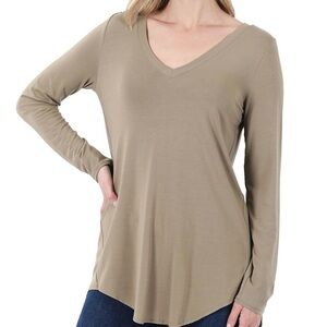Zenana Premium V-Neck Long Sleeve Top Khaki Color Size Small NWOT
